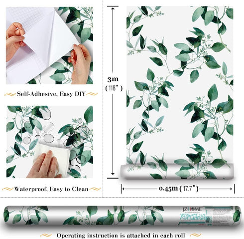 8267 Floral Peel and Stick Wallpaper 17.7in x 9.8ft, Green Eucalyptus Leaf Removable Self Adhesive Contact Paper