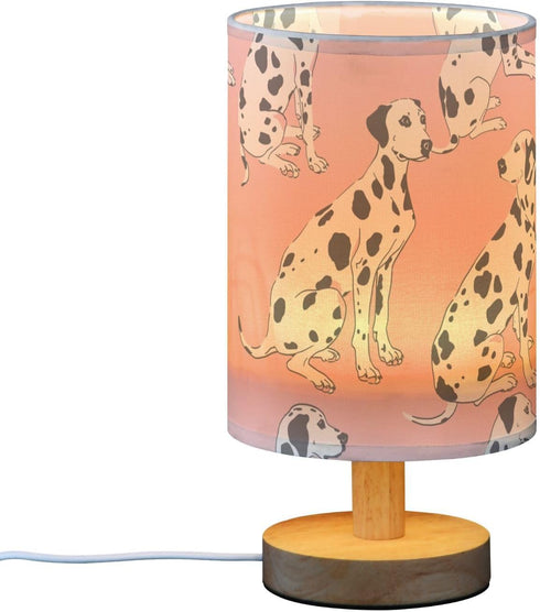 Bseiialft Animals Dalmatians Dogs Pink Bedside Table Lamp Nightstand Lamp with Wood Base Night Light Linen Fabric Shade
