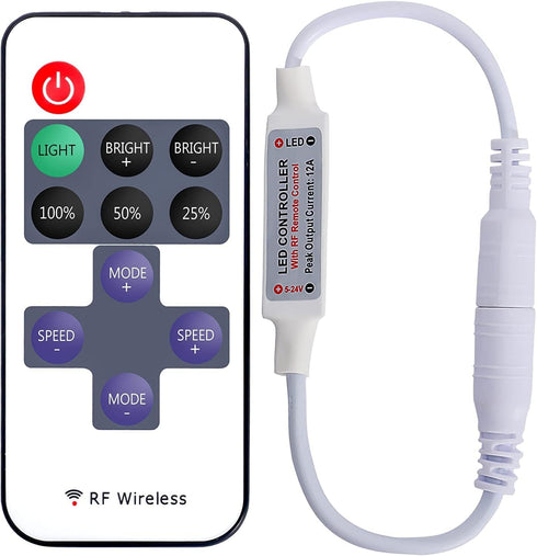 2 Pack 3528 5050 Dimmer 12V 24V LED Light Strip Remote Control Mini RF Wireless LED Controller Single Color LED Strip
