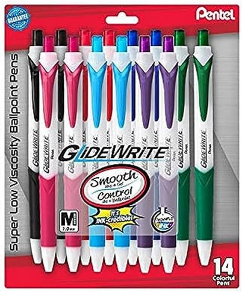 Pentel GlideWrite Ballpoint Pen with TechniFLO Ink, 1.0mm Medium Line, Assorted 14-Pk (BX910BP14M)