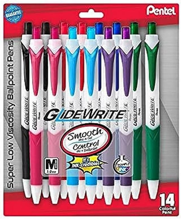 Pentel GlideWrite Ballpoint Pen with TechniFLO Ink, 1.0mm Medium Line, Assorted 14-Pk (BX910BP14M)
