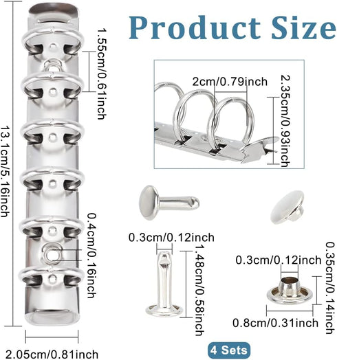 BENECREAT 4 Pcs 6 Holes A7 Ring Binder Mechanism Replacement Kit with Screws, Stainless Steel Colour Metal Loose-Leaf Binder Mechanism Spine Comb for Loose-Leaf Notebook Binder Planner