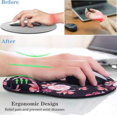 WAVEYU Mouse Pad with Wrist Support, Cute Designed Non-Slip Rubber Base Mousepad for Laptop, Black Flower