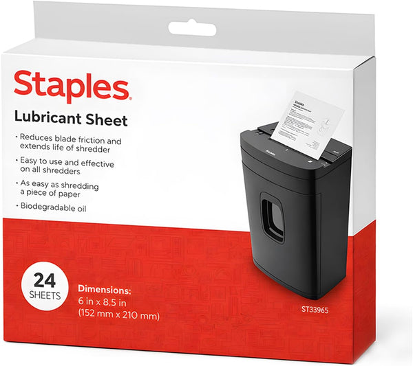 STAPLES Shredder Lubricant Lubricating Sheets, Reduces Friction & Noise, Keeps Blades Sharp, Pack