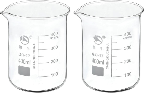 PATIKIL 400ml Low Form Glass Beaker, 2 Pack, 3.3 Borosilicate Glass with Graduated Scale for Kitchen Lab