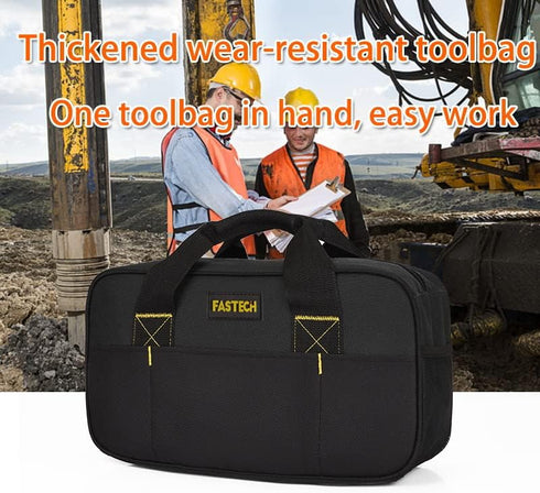 14 Inch Wide Mouth Tool Bag, Waterproof Organizer Tote Bag for Electricians, Double Fabric Storage (Black)