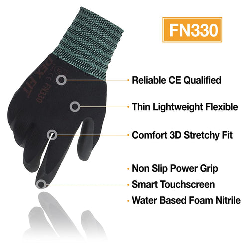 DEX FIT Nitrile Coated Work Gloves FN330-3D, Comfort Stretchy Fit, Firm Grip, Thin & Lightweight, Touchscreen Fingers,