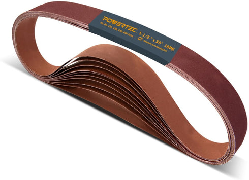 POWERTEC 18PK 1-1/2 x 30 Inch Sanding Belts - Aluminum Oxide Belt Sander Paper Assortment for Woodworking