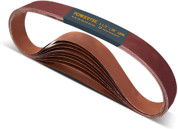 POWERTEC 18PK 1-1/2 x 30 Inch Sanding Belts - Aluminum Oxide Belt Sander Paper Assortment for Woodworking