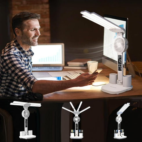 niccryle 3 Dimmable Foldable Led Desk Lamp with Fan Clock Light Study, Lighting Modes, Adjustable Table Lamp Eye Caring
