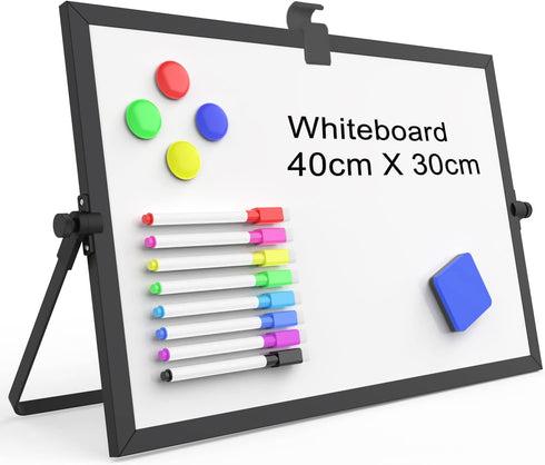 OWill Black Dry Erase White Board - 16inX12in Large Magnetic Desktop White Board with Stand, Portable Double-Sided Easel