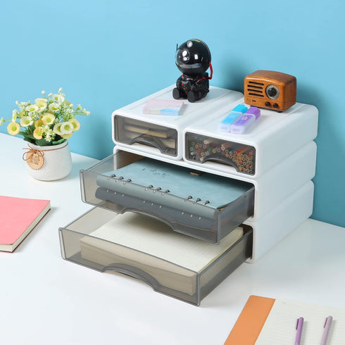 White Desktop Drawers for Paper, Stackable Office Storage for Desk, Craft Organizer with Plastic Drawers