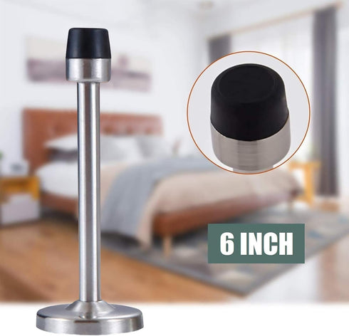 Door Stoppers - 6 Inch Long Brushed Nickel Wall Mounted Door Stop with Sound Dampening Rubber Bumper, 2 Pack