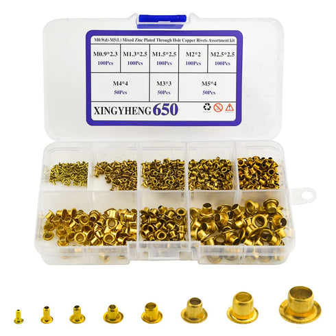 XINGYHENG 650Pcs Mixed Zinc Plated Copper Rivets Assortment Kit, 8 Values M0.9(d)-M5(L) with Plastic Storage