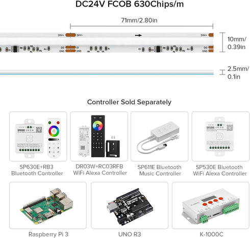 WS2811 9.8FT DC24V 630LED/m 14IC/m 10mm BTF-LIGHTING FCOB IC RGB COB LED Strip Flexible High Density Uniform Chasing