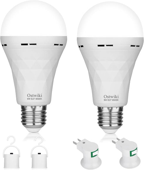 2 Pack Emergency Rechargeable Light Bulbs, Battery Operated Backup, 9W E27, 8500K, Self-charging LED Light Bulbs