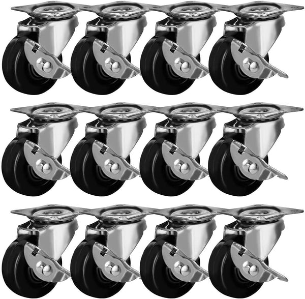 FactorDuty 12 Pack 2" Swivel Caster With Brake Wheels Hard Rubber Base with Top Plate & Bearing
