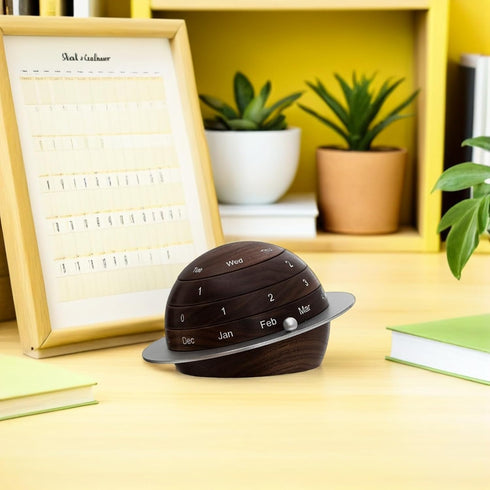 Wooden Rotating Perpetual Desk Calendar with Vintage Earth and Planet Design, Minimalist Office and Home Desktop