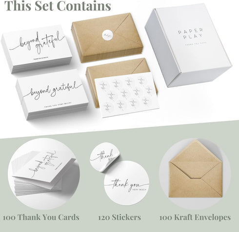Pack 100 4x6 Inch Beyond Grateful Thank You Cards | Bulk of with Kraft Envelopes and Matching Stickers, Minimalistic