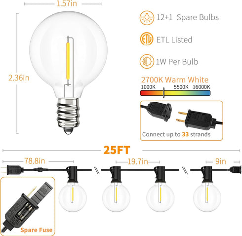 Svater Outdoor String Lights LED 25 FT, Patio Globe Lights with 12+1 Plastic G40 Bulbs, Waterproof Dimmable Hanging Light for Outside Backyard Bistro Cafe Porch Party Decor, 2700K Warm White by Svater