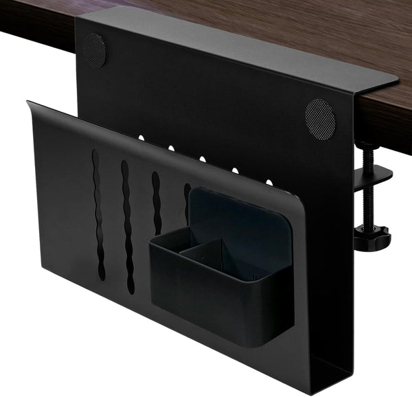 LUKETURE Desk Side Storage, Under Desk Organizer, Steel Hanging Laptop Holder with Pen Holder, Black, M(1 Tier)