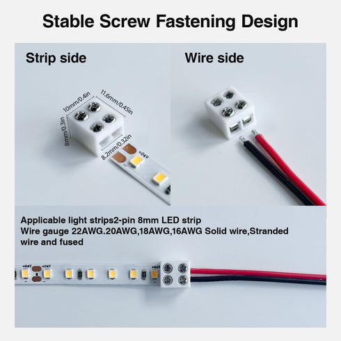 12 Pack LED Strip Light Connectors - 8mm 2 Pin Solderless White 12V LED Tape Light Connectors to Wire