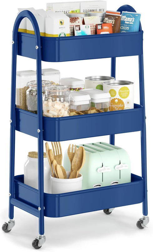 EAGMAK 3 Tier Utility Rolling Cart, Metal Storage Organizer Trolley with Handle and Lockable Wheels for Kitchen, Office