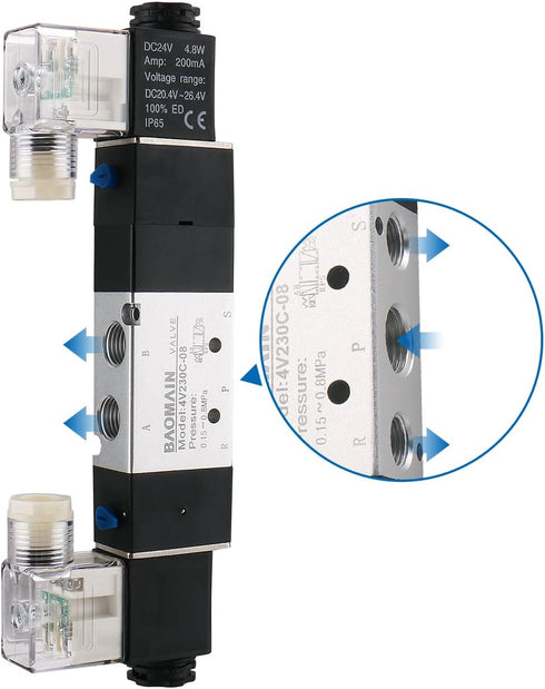 Baomain Pneumatic Solenoid Air Valve 4V230C-08 DC 24V 5 Way 3 Position Internally Piloted