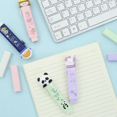 Cute 4 Pcs Retractable Rubber Eraser with 4 Refills, Astronaut Peach Girl Unicorn Panda for Kids School Supplies