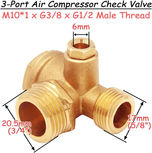 Solid Brass 3-Port Air Compressor Check Valve M10*1 x G3/8" x G1/2" Male Female Threaded Tube Connector Non-Return Valve by Uenede