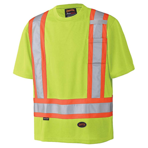 Pioneer High Visibility Lightweight Birdseye Safety Shirt, Short Sleeved Crew Neck with Reflective Tape, Yellow/Green,
