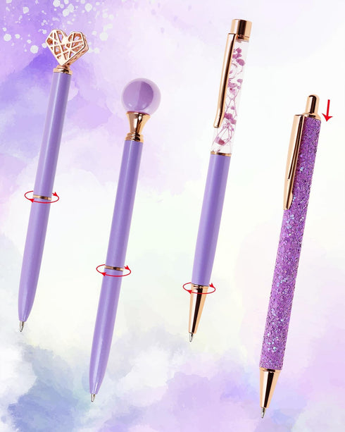 PENTA ANGEL 4Pcs Ballpoint Pens Set, Black Ink Metal Glitter Roller Ball Pen, Fancy Gift for Women