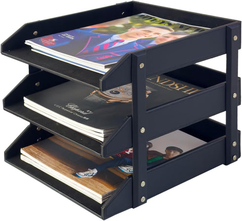 UnionBasic 3-Layer Faux Leather Document Paper Letter Tray, Desktop File Sorter Organizer Tray, Black