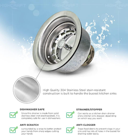 Highcraft 9737 Stainless Steel Double Cup Kitchen Sink Drain Assembly with Strainer Basket, 1 Count