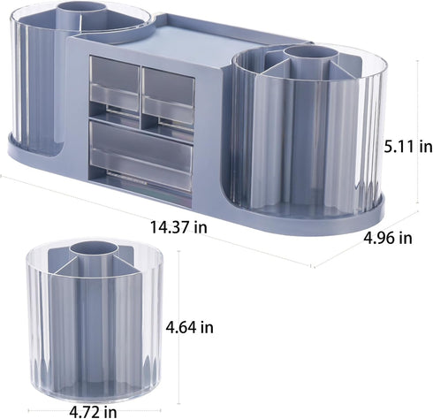 Rotating Desk Organizer with 2 Pen Holders, 10 Slots Pencil Holder + 3 Drawer, Art Supply Storage Box (Blue)