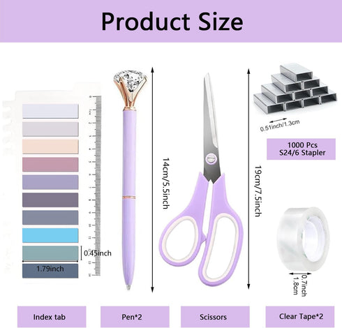 suniya Pen,Bookmark,Ect.22pcs Office Supplies,Purple Desk Accessories,Desk Organizer,Stapler,Tape Dispenser,Folding