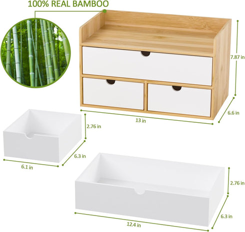 Desk Organizer with Drawers, Bamboo Desktop Storage for Bills, Office Supplies, Cosmetics, No Assembly Required