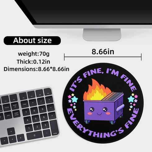 Small Mouse Pad Dumpster on Fire, Cute Funny Round Mousepad for Desk Accessories, This is Fine, 8.6 x 8.6 Inch