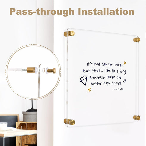 Clear Acrylic Dry Erase Board, 12" X 12" Golden Non-Magnetic Frameless White Board for Wall, Home, Office, 2 Markers