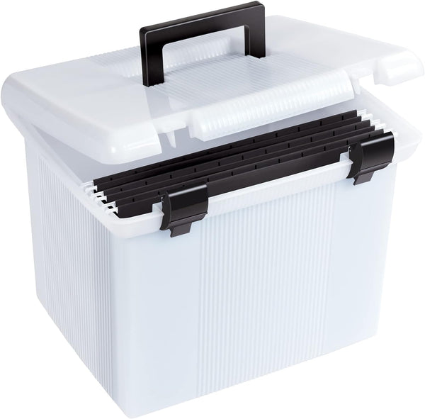 Pendaflex Portable File Box, Frosted White with Hinged Lid and 3 Black Letter Size Hanging Folders Included