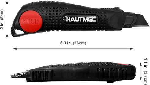 HAUTMEC 18mm Utility Knife Box Cutter with Safety Quick Change Button, Snap off Black SK2 Ultra Sharp Blade, Anti-Slip Ergonomic Rubber Handle for Leather, Rubber, Cartons, Boxes HT0081-KN by HAUTMEC