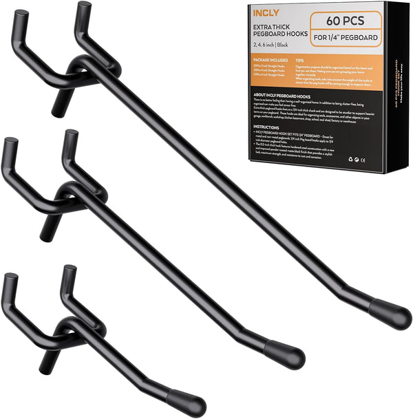 INCLY 60 Pack Black Pegboard Hooks, 2/4/6 Inch, 1/4" Heavy Duty Accessories for Garage, Craft Organizing