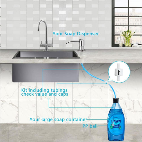 Soap Dispenser for Kitchen Sink - Brushed Nickel Countertop Pump with 47" Silicone Extension Tube for Easy Refills