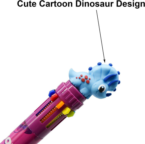 Maydahui 6 Pcs 10-in-1 Multicolor Dinosaur Pens, 10 Colors Shuttle Retractable Ballpoint Pens Fun Cartoon Dino Print