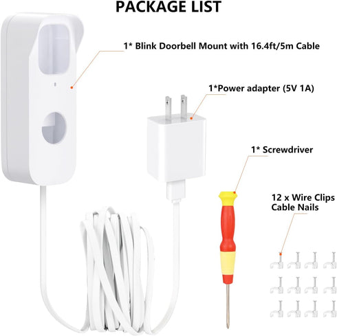 Power Cable with Adapter for Blink Video Doorbell, 16.4ft/5m Weatherproof Cable, Doorbell Transformer, Charging