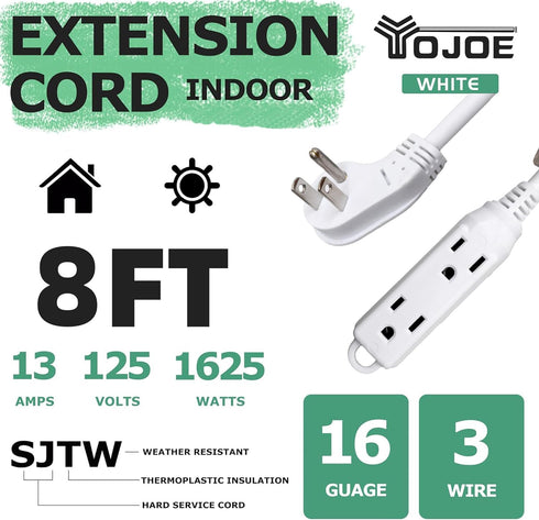 YOJOE 8 ft Flat Plug Extension Cord with 3 Outlets, 16/3 SJTW Heavy Duty for Christmas Lights