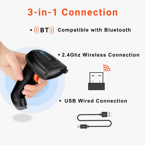 Tera Pro 1D Wireless Barcode Scanner, 3 in 1 Bluetooth & USB Wired CCD Reader, Model T5100C, Orange