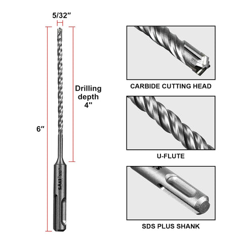 SALI 20PCS 5/32"*6" SDS Plus Rotary Hammer Drill Bit Kit, Suitable for Concrete, Brick, Cement Walls, Stone