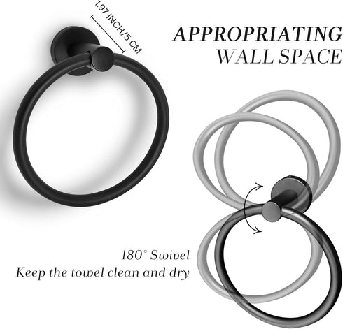 Hand Towel Holder for Wall Mounted - Towel Ring, Simple Round Towel Hanger SUS 304 Stainless Steel (Black)