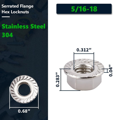 5/16-18 Serrated Flange Hex Nuts - 50 Pack, 304 Stainless Steel 18/8 Flange Nuts